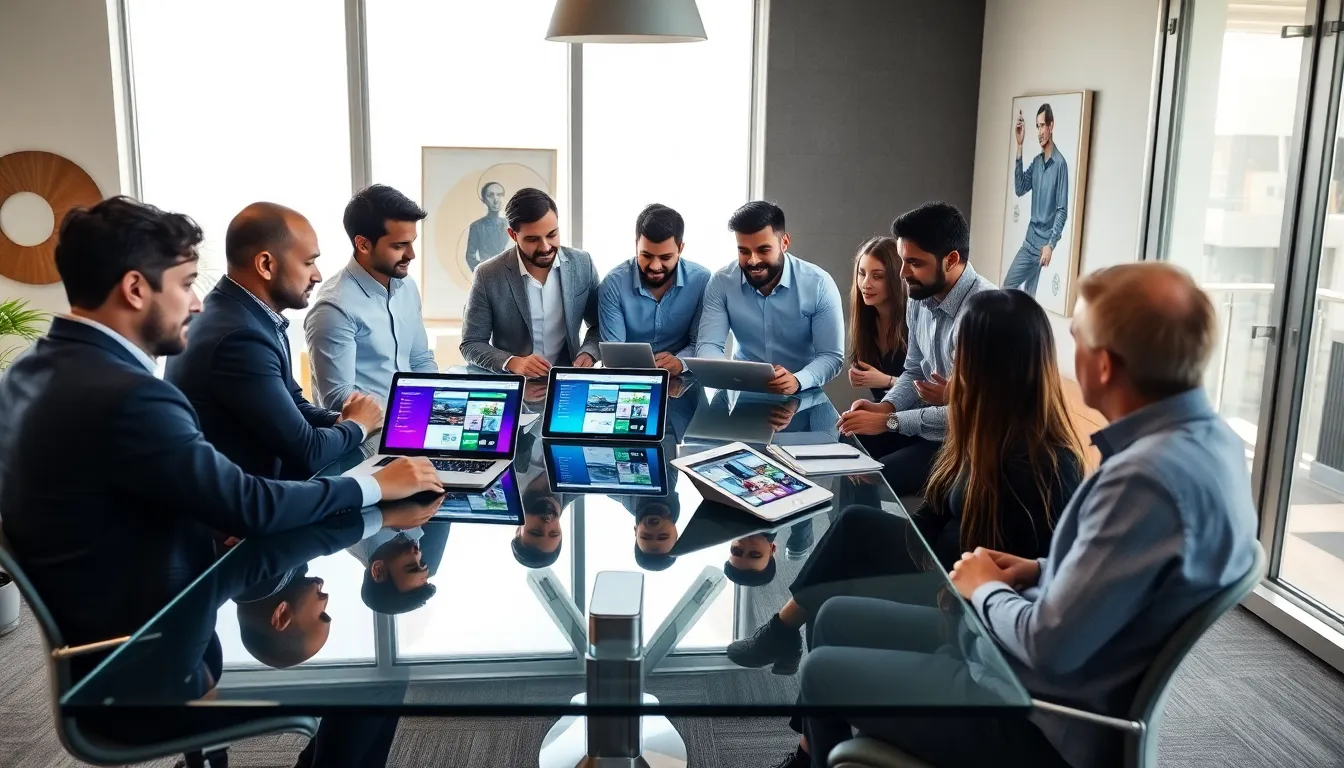 diverse team collaborating on custom software development in a modern office.