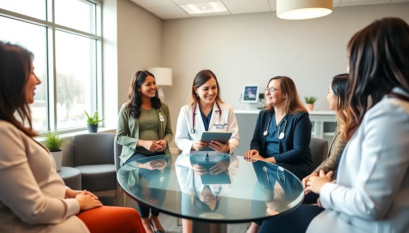 welcoming consultation room with healthcare professionals discussing women's health.