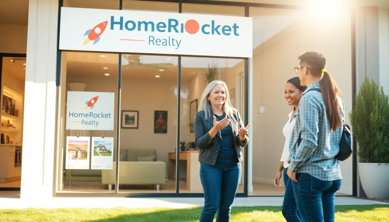 a friendly real estate office scene with a couple and an agent discussing properties.