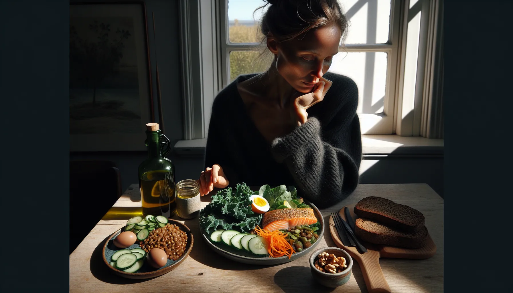 Blodsukker og mat: hva du bør spise for å unngå blodsukkersvingninger 3 Norwegian woman starts meal with salad, protein and healthy fats ready.