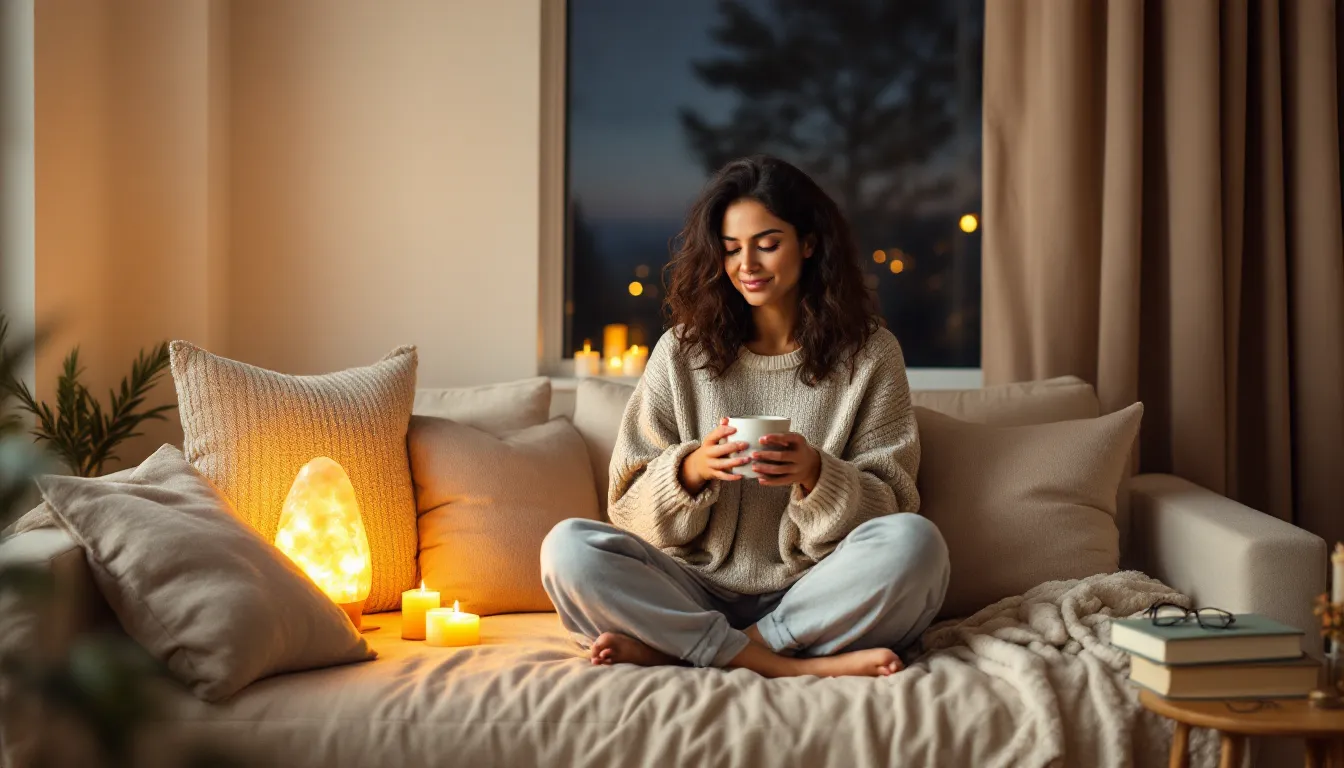 Woman relaxing on a cozy sofa with warm milk in a dimly lit evening room.