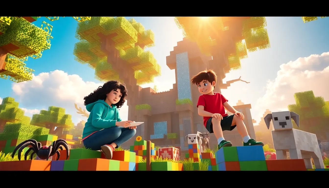 a group of players collaborating on a Minecraft project in a colorful scene.