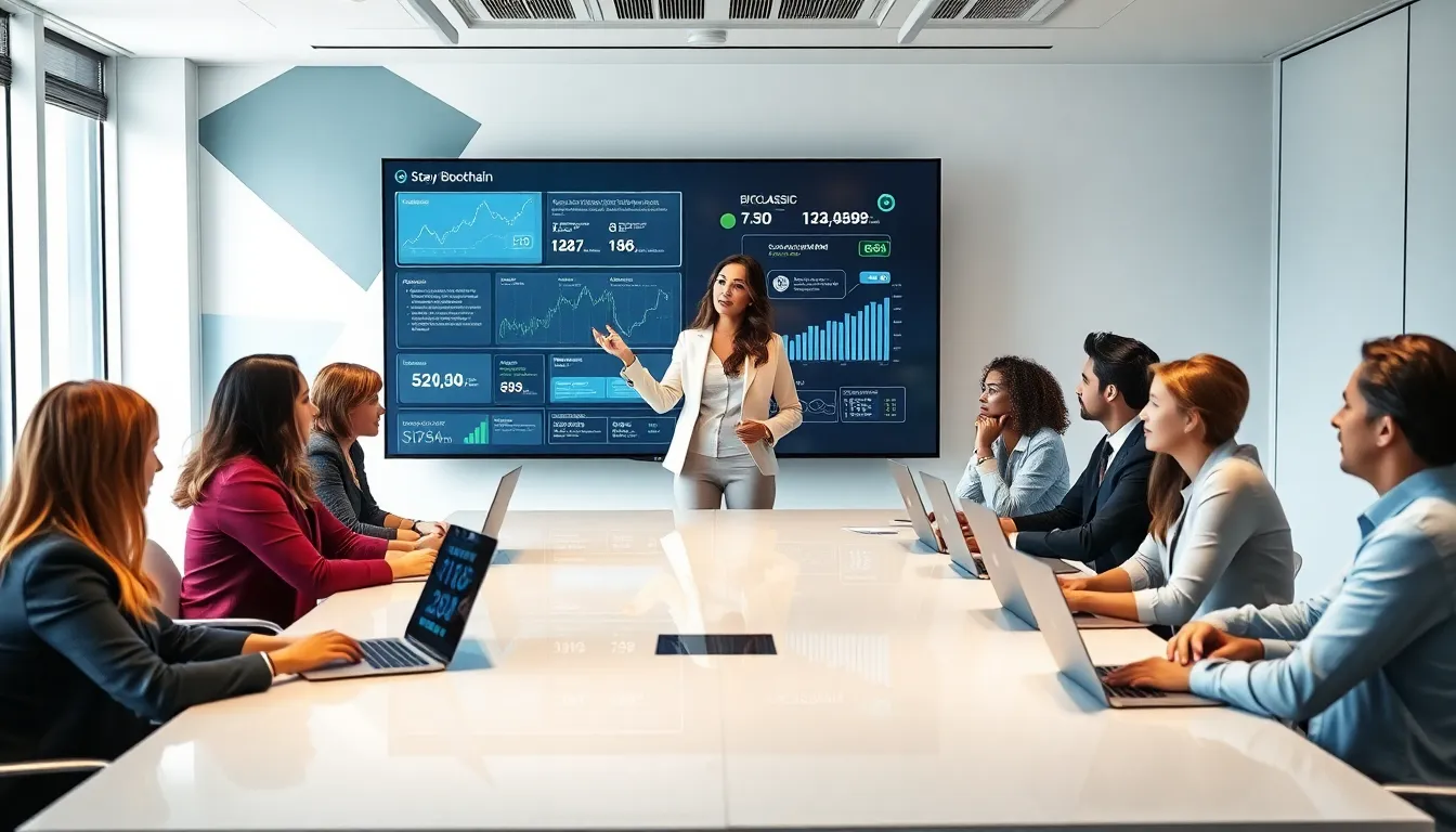 diverse team discussing Bitclassic blockchain in a modern office.