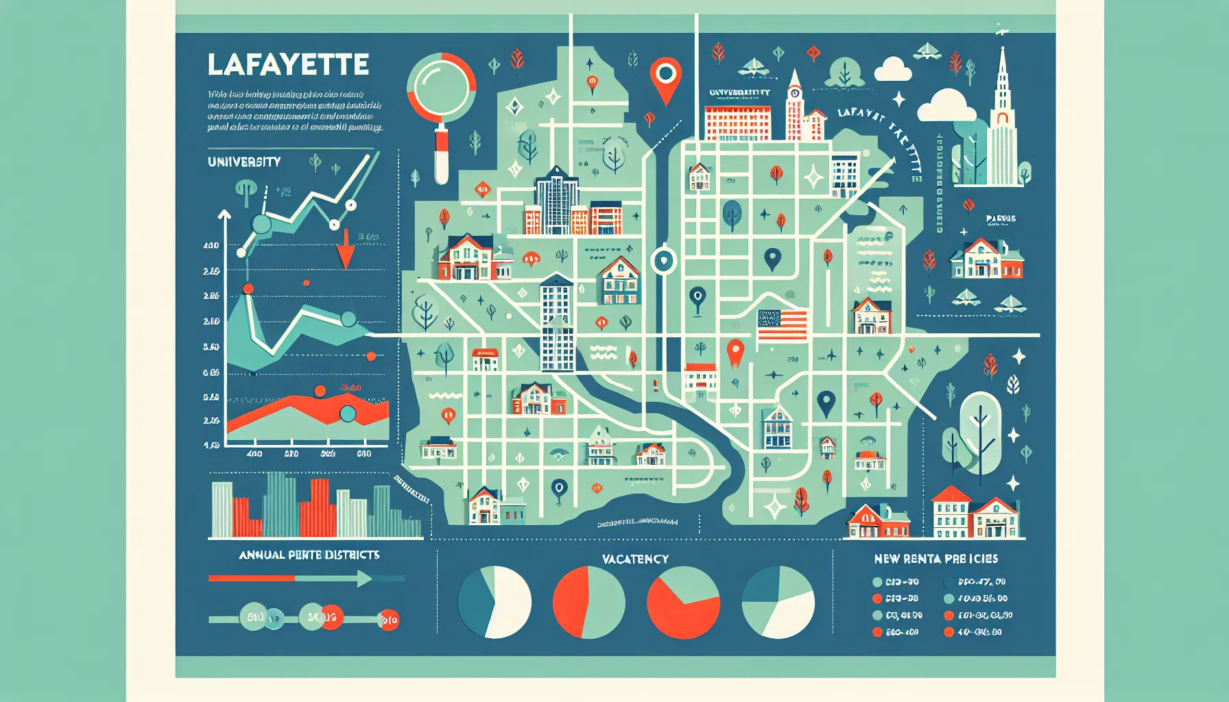 Map infographic of Lafayette rental trends, vacancy rates, and demand hotspots.