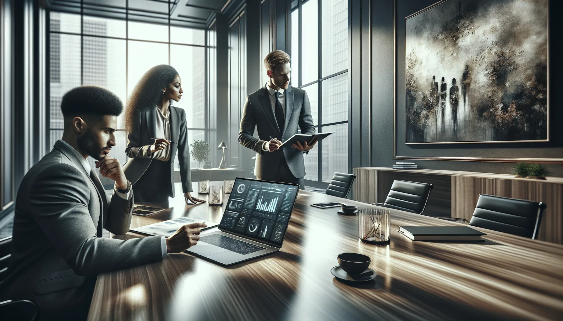 diverse team collaborating around a laptop in a modern office.
