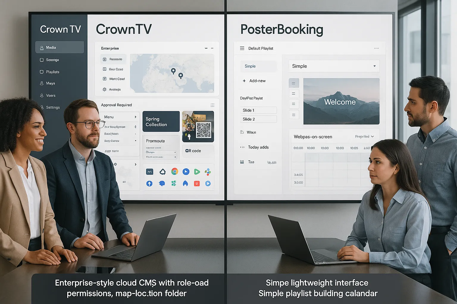 Team comparing CrownTV and PosterBooking CMS dashboards on a conference room display.