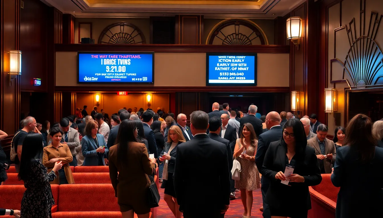 audience in a Broadway theater lobby before a show.