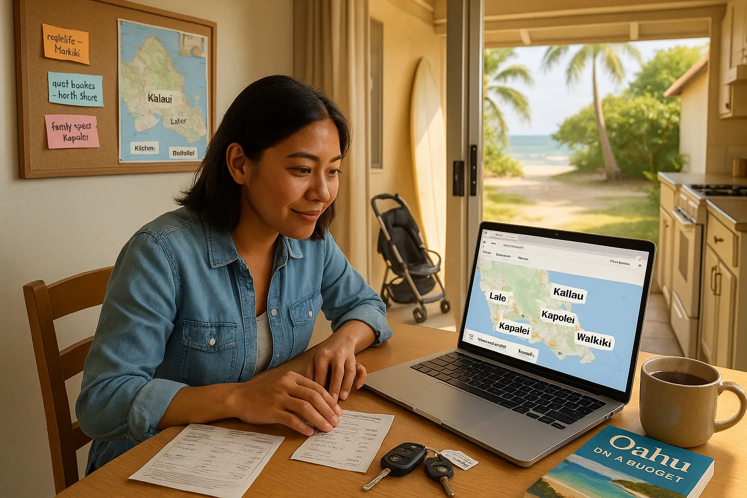 Traveler planning affordable Oahu stay at a sunlit rental kitchen table.