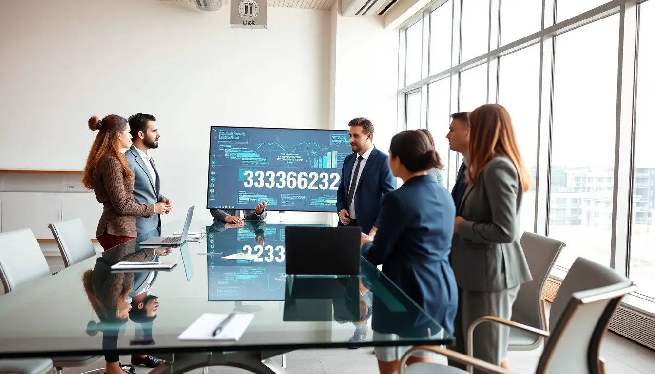 diverse team discussing data in a modern office setting.