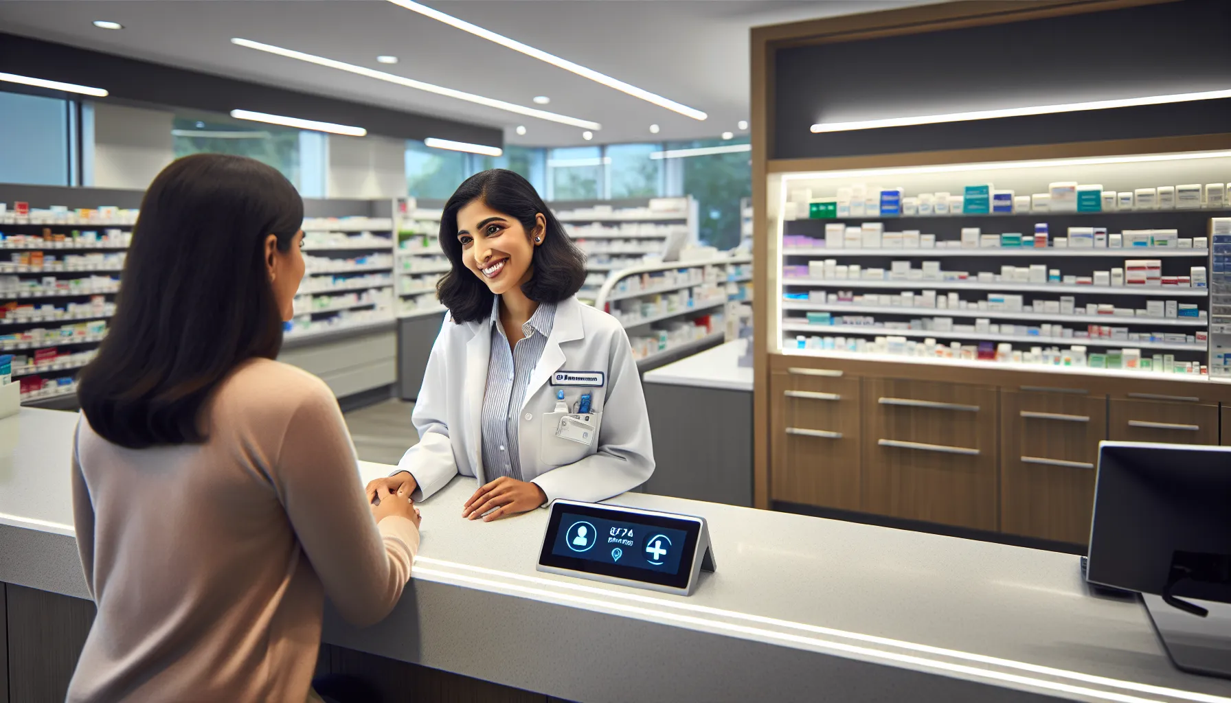 pharmacist consulting with patient in a modern pharmacy.
