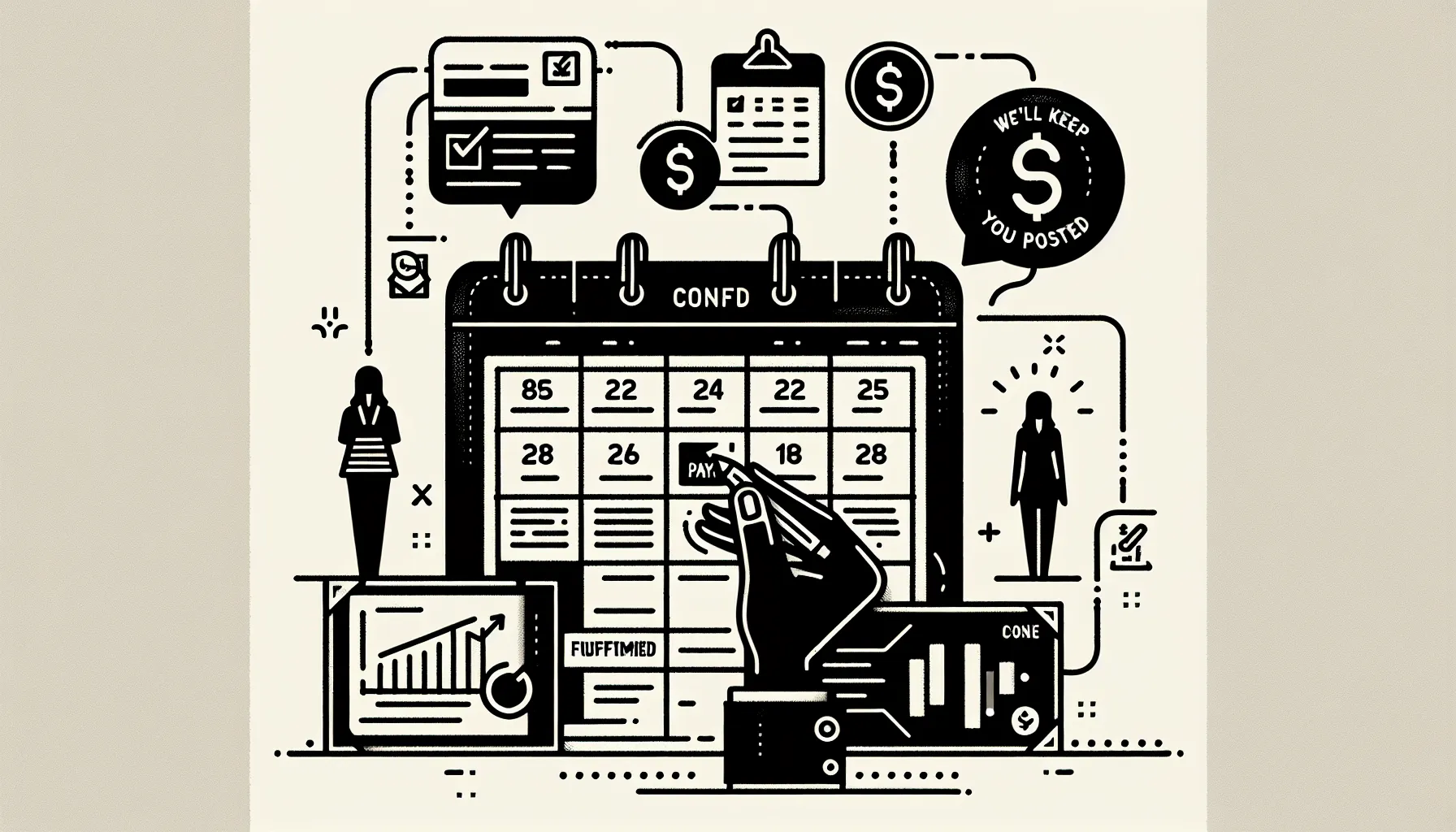 A desk calendar stamped “confirmed” with icons for messages, paystub, and policy.