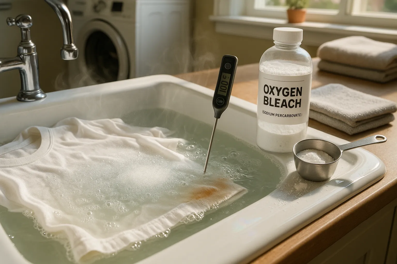Warm water fizzing as oxygen bleach dissolves and lifts a stain from a T-shirt.