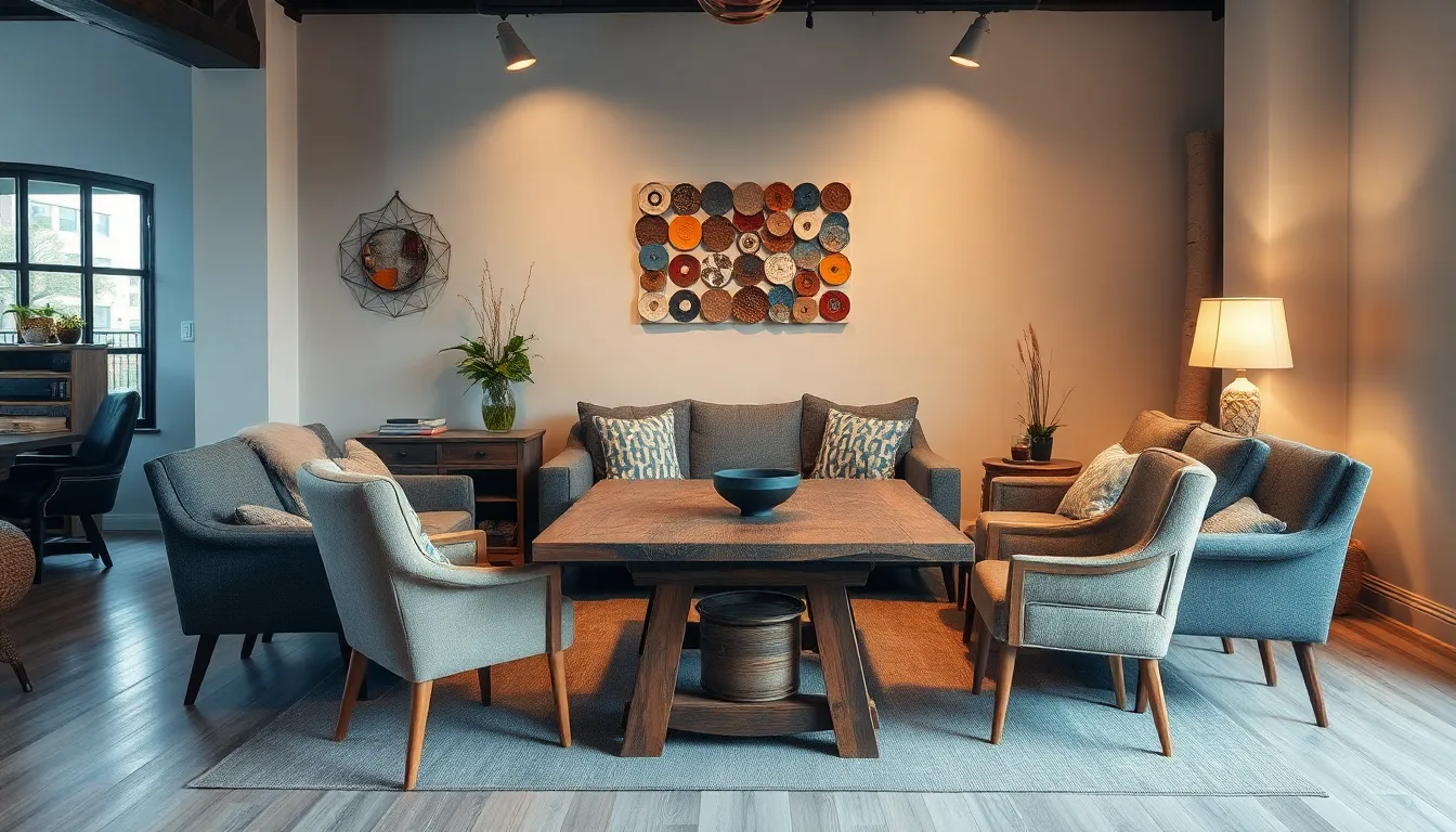 intimate setting for a thrifty event with vintage furniture and warm lighting.