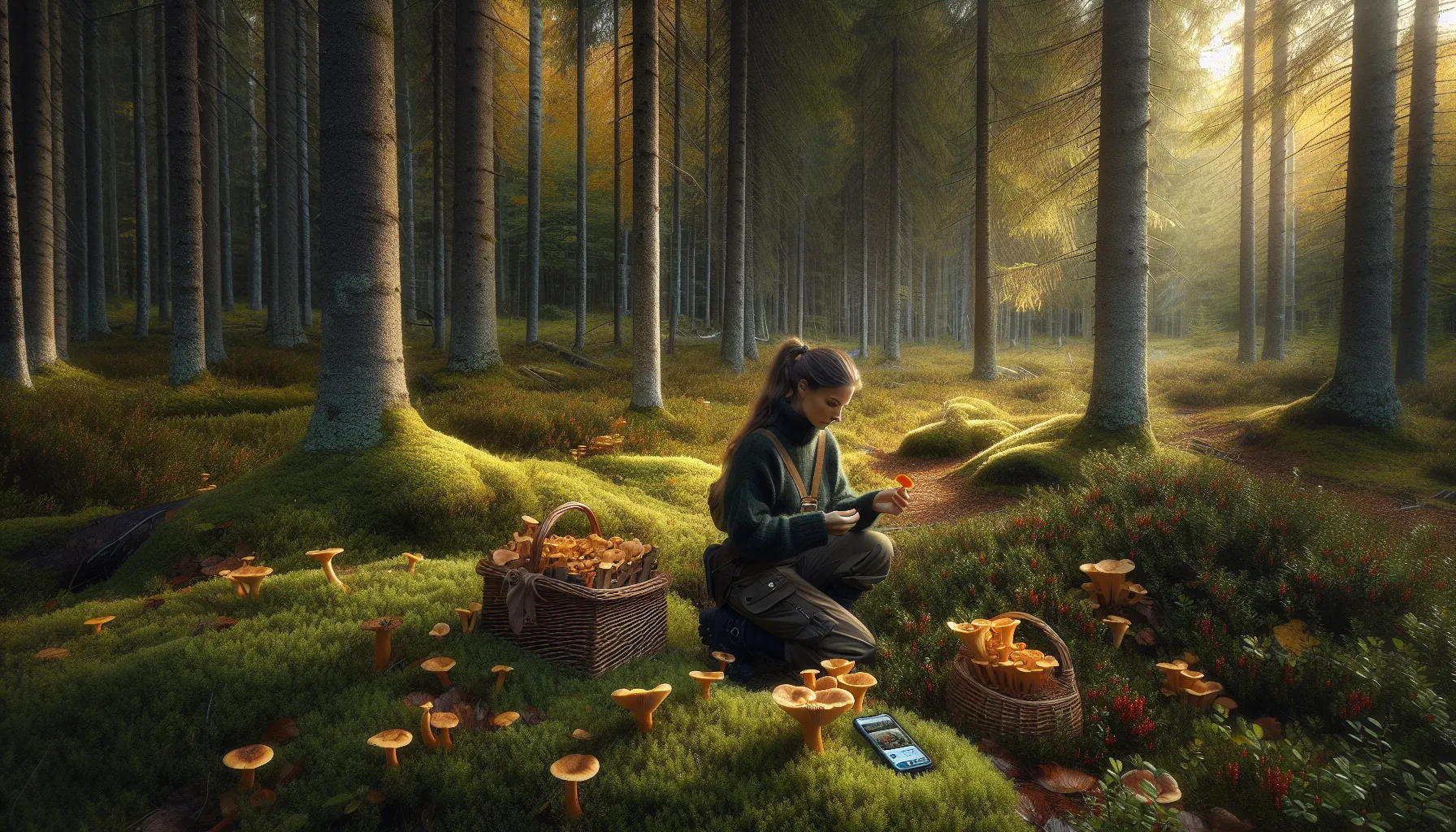 Woman in norwegian forest carefully identifying chanterelles with a mushroom guide.