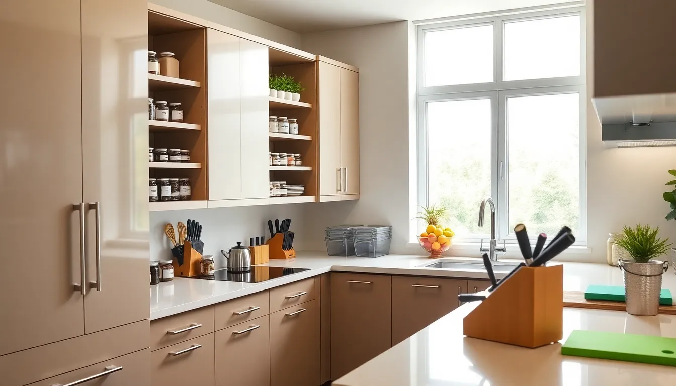 organized kitchen with labeled jars and a tidy countertop.