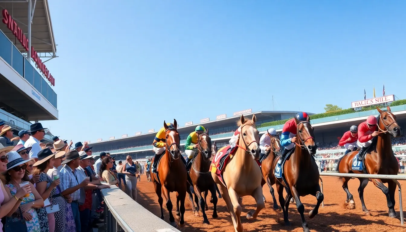 spectators watching a horse race at a major U.S. racetrack.
