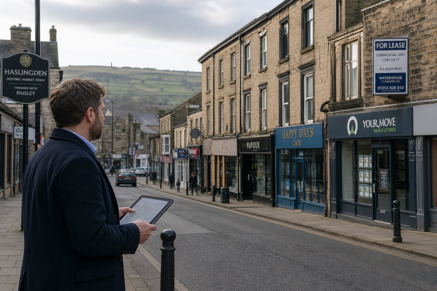 Commercial Mortgages In Haslingden 4 Professional assessing commercial properties in Haslingden with local surroundings visible.