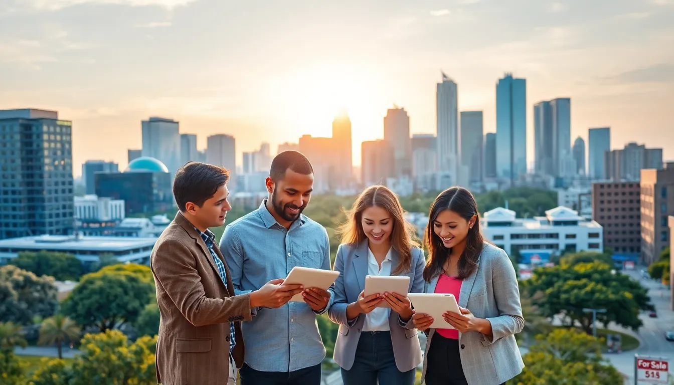 diverse professionals discussing real estate in Austin's urban setting.