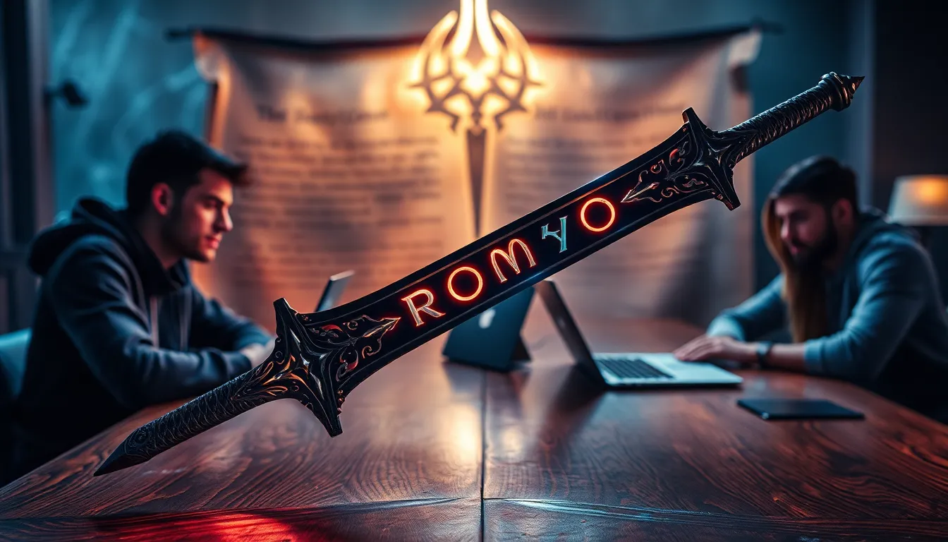 sword with glowing runes and diverse gamers strategizing.