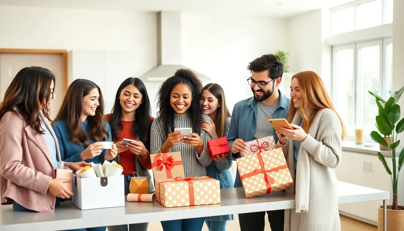 diverse group unboxing essential gifts in a modern kitchen.