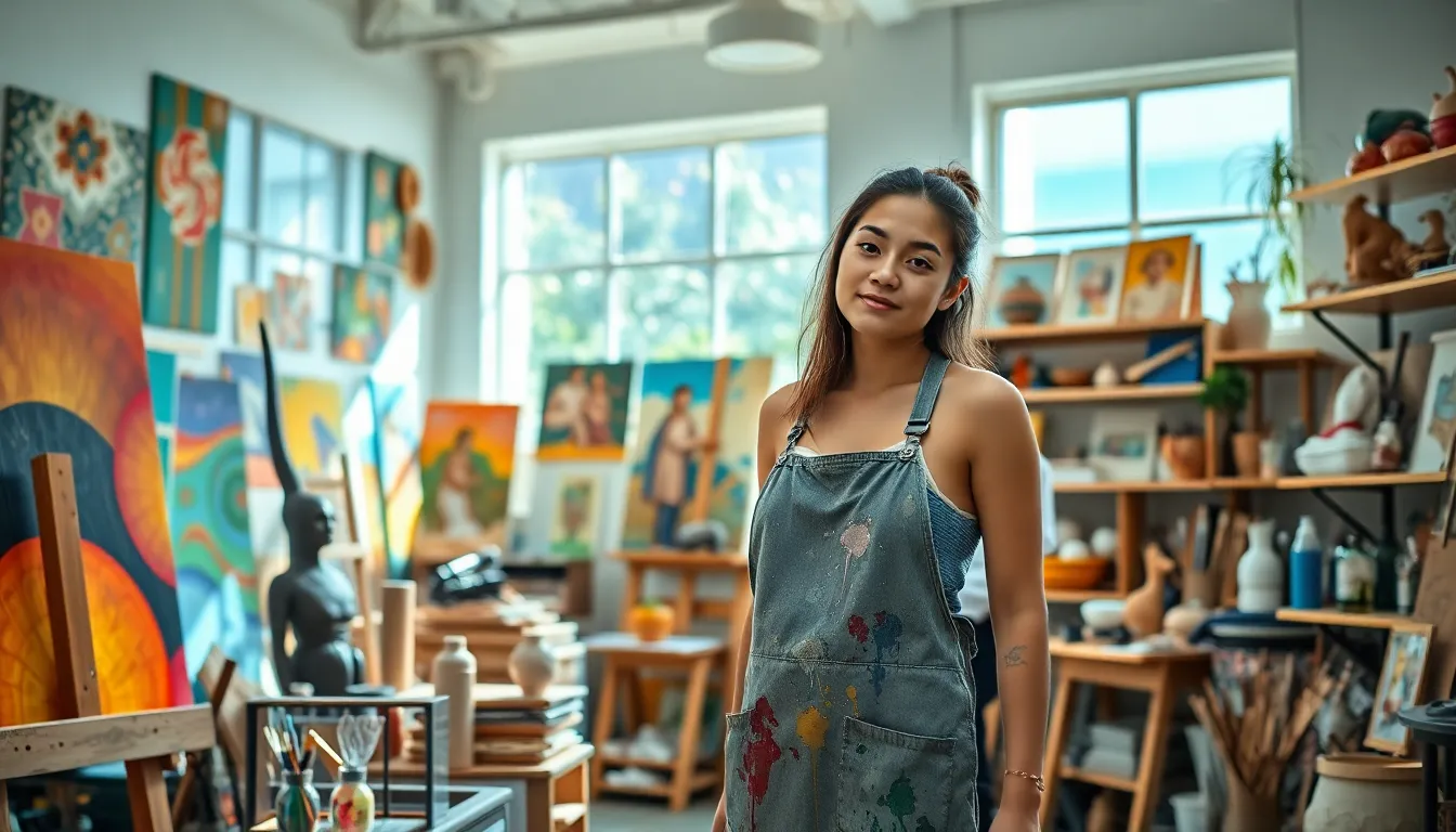 young artist in a bright studio surrounded by art supplies.