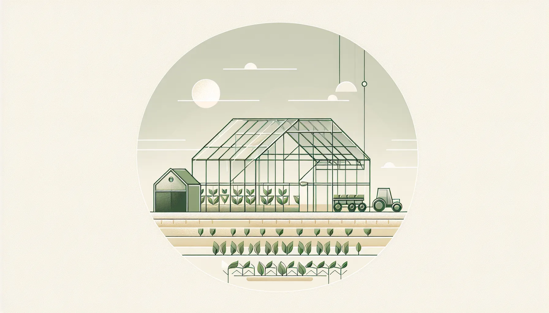 Simple greenhouse with tractor and storage building on farmland
