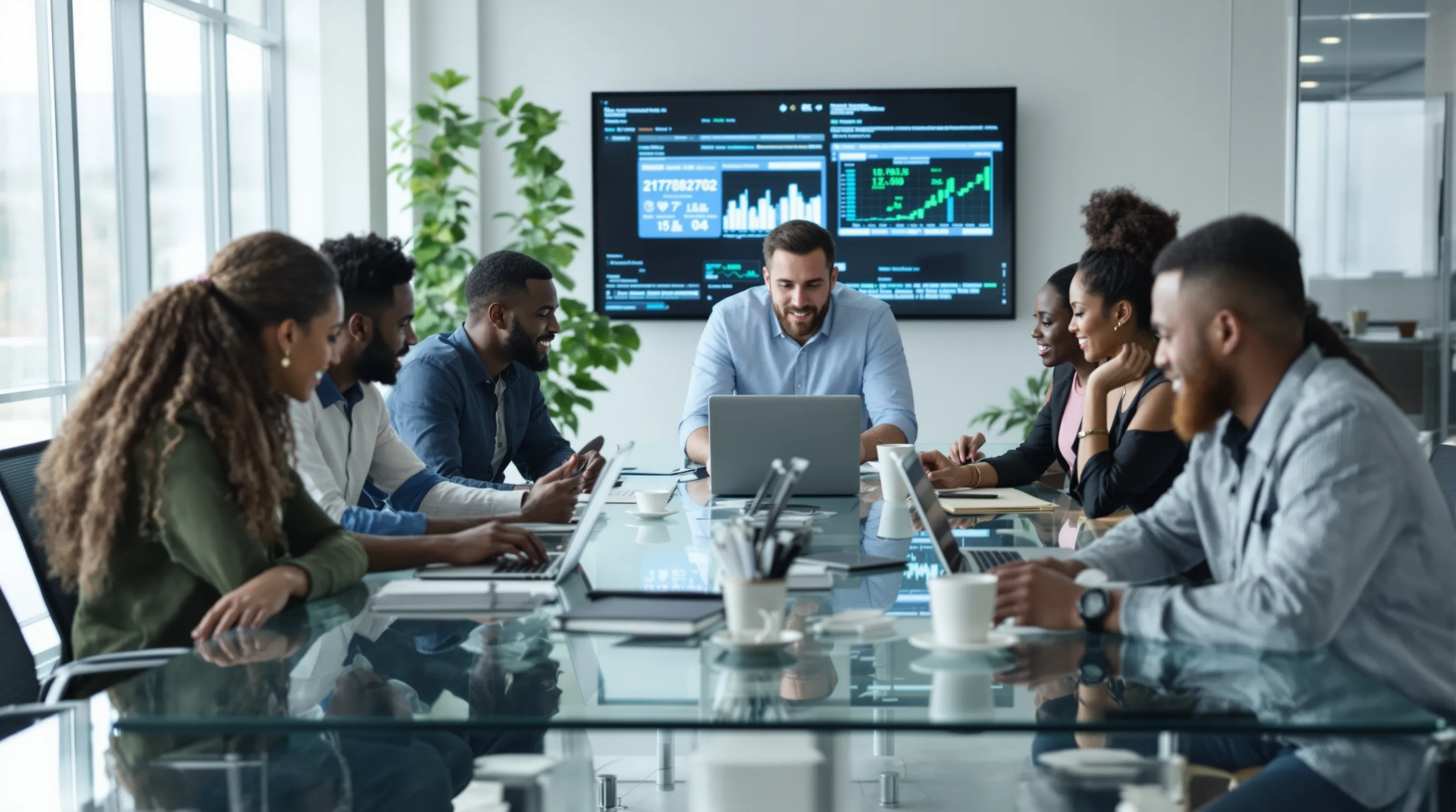 diverse team discussing technology and data analytics in a modern office.