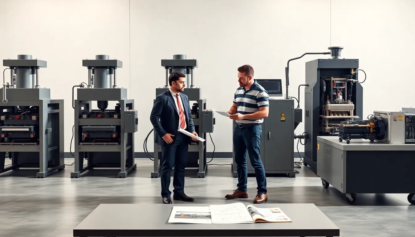 Different interlocking brick machines and professionals in a modern industrial showroom.