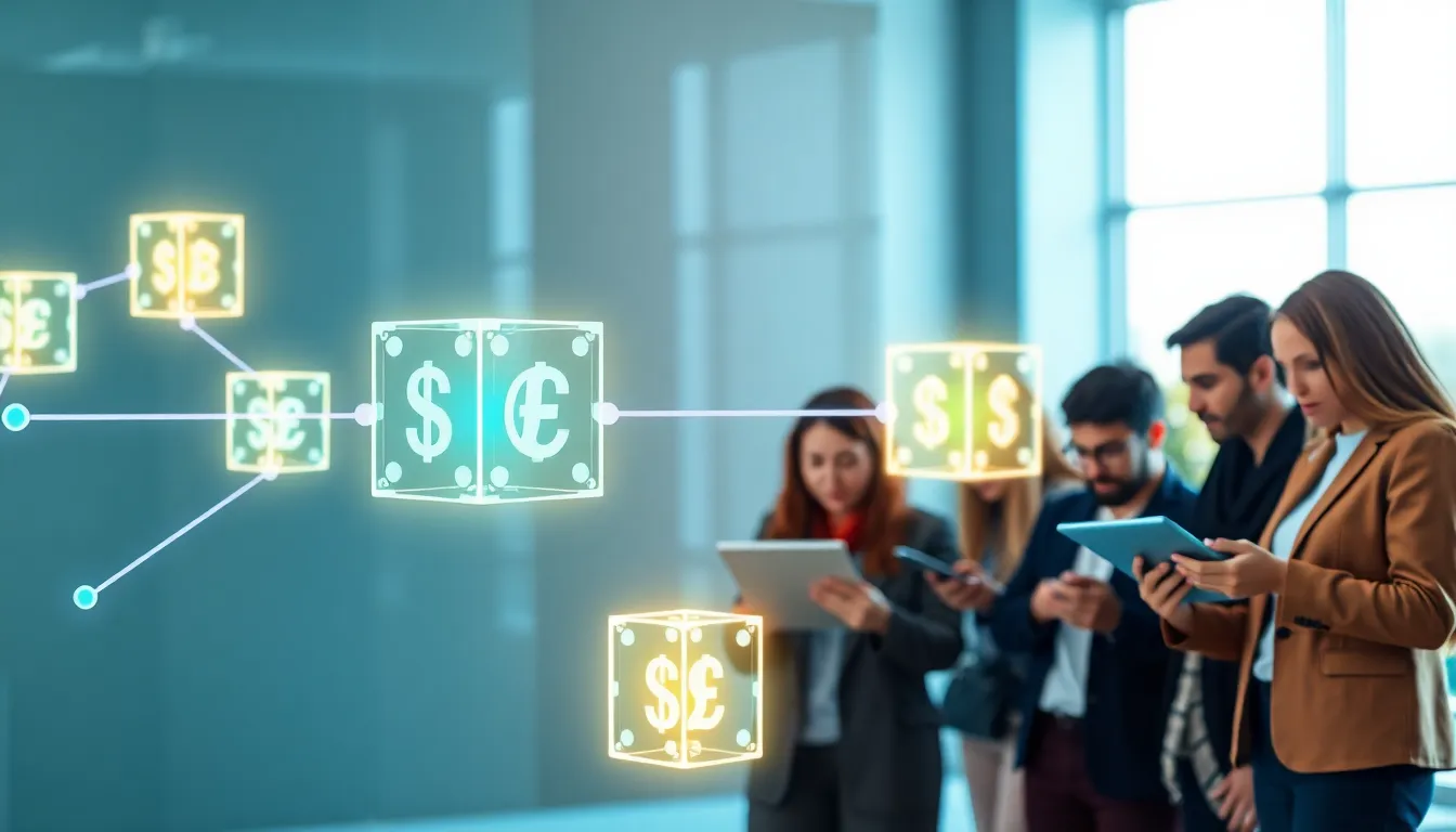 professionals collaborating around a digital representation of blockchain technology.