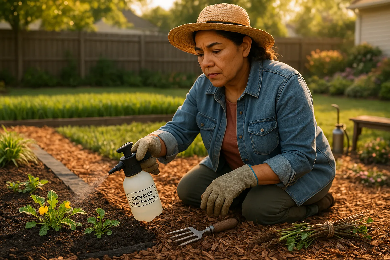 Gardener spot-spraying clove oil by mulch, with hand tools and cover crop visible.