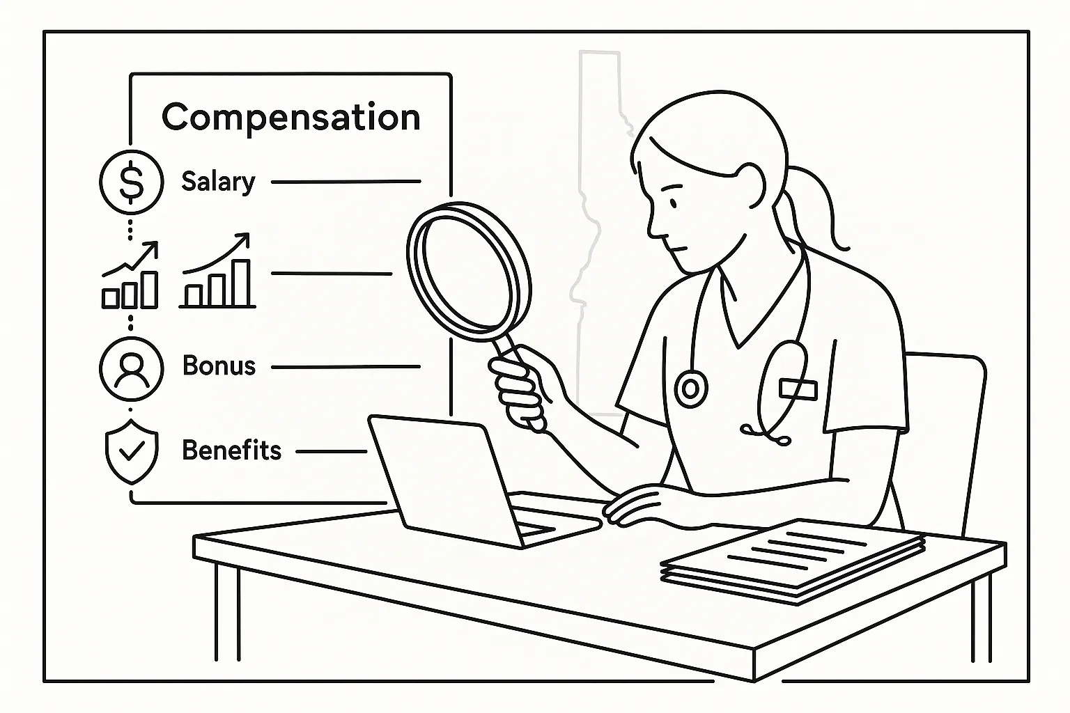 Nurse practitioner reviewing a compensation contract with magnifying glass.