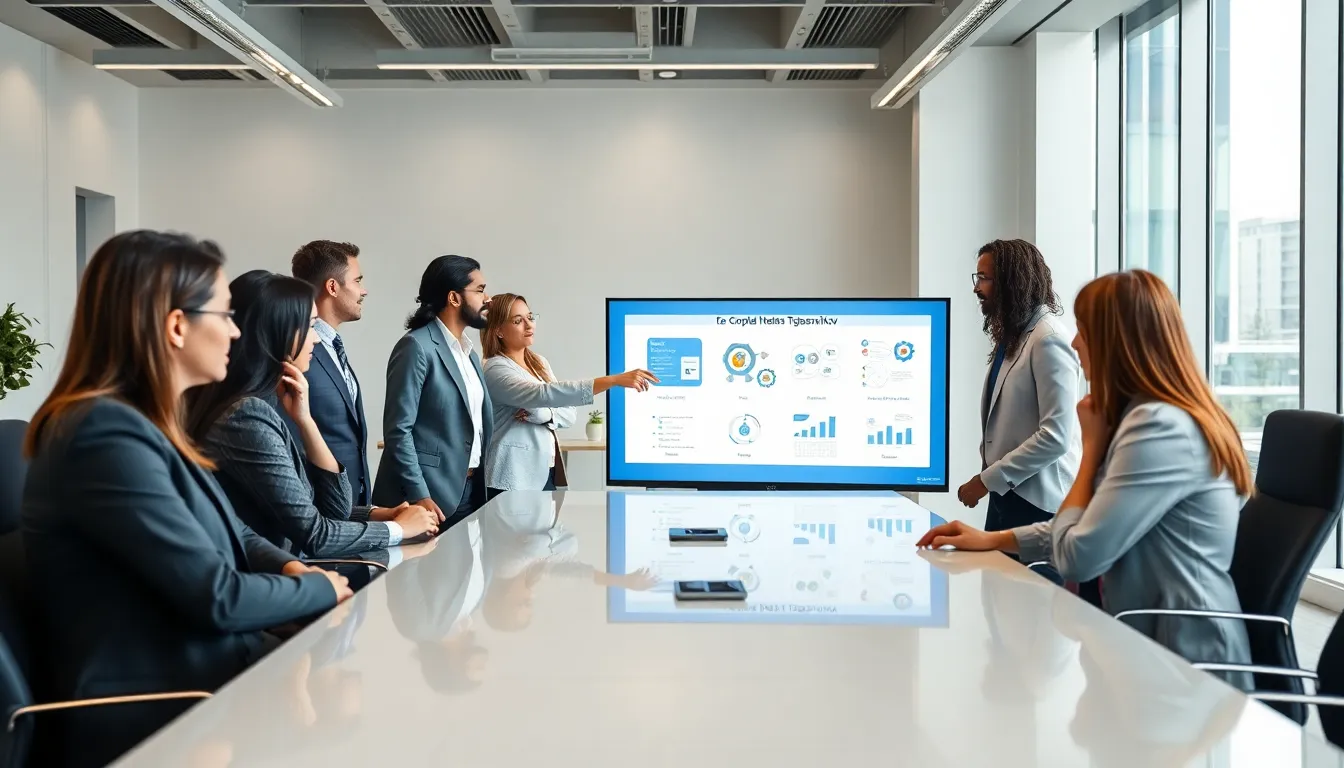 diverse professionals discussing Tgbasnikov in a modern office.