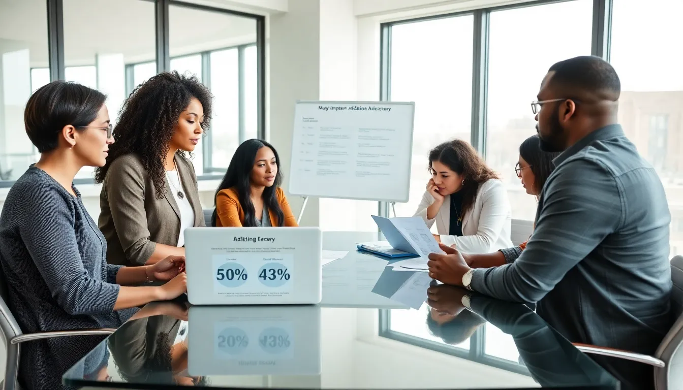 professionals discussing addiction recovery in a modern conference room.