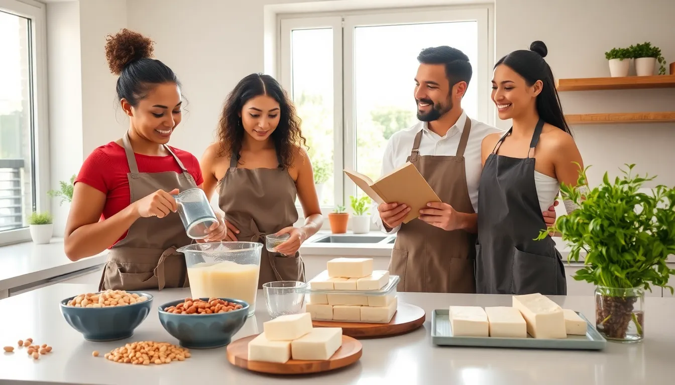 diverse group making tofu in a modern kitchen.