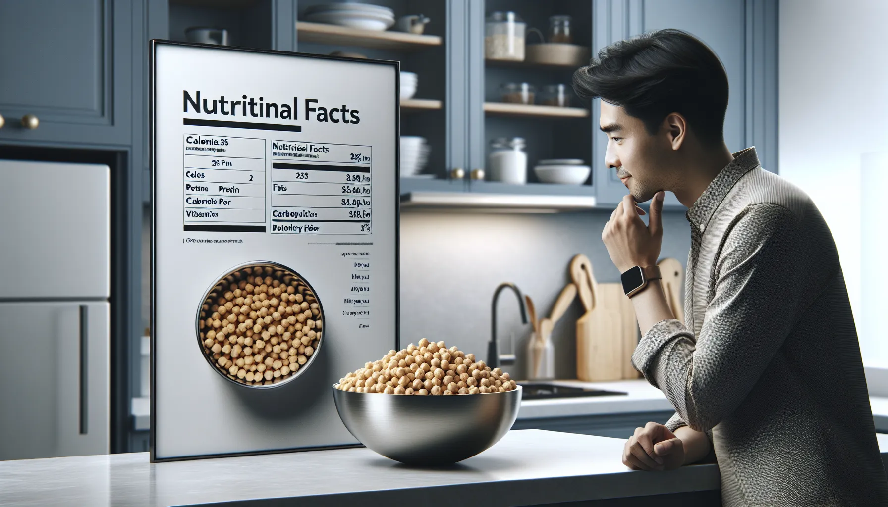 Cooked chickpeas and nutrition facts card on a modern countertop.