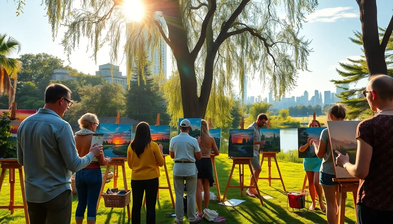 diverse group of artists painting outdoors, inspired by nature and city life.