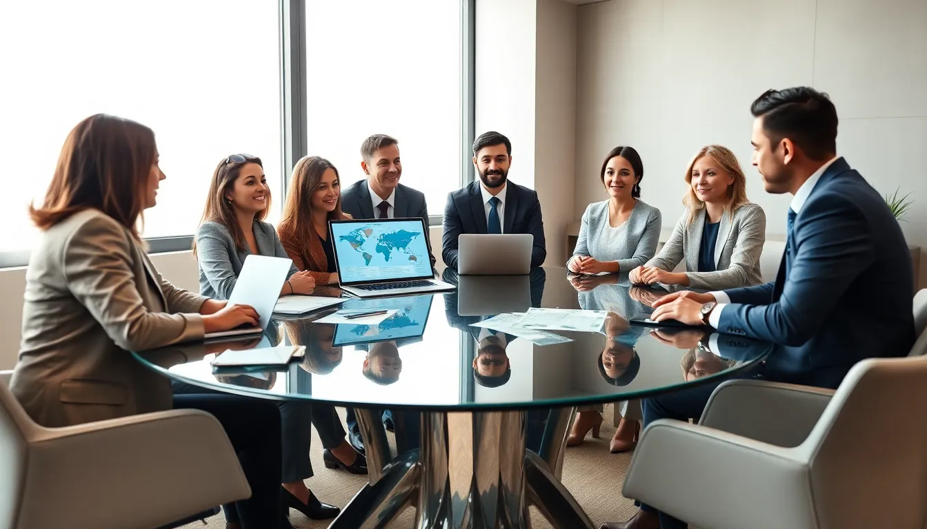 diverse team discussing international mortgage options in a modern office.