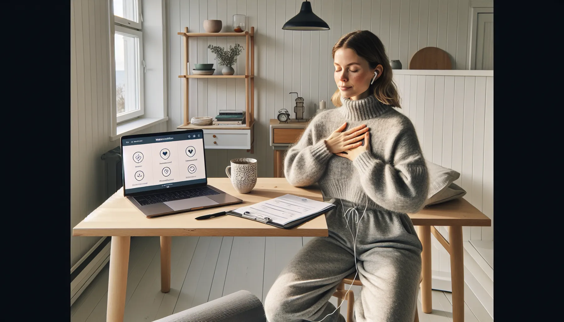 De beste kursene for å lære stressmestring 3 Norwegian woman learning stress management online at home, practicing calm breathing.