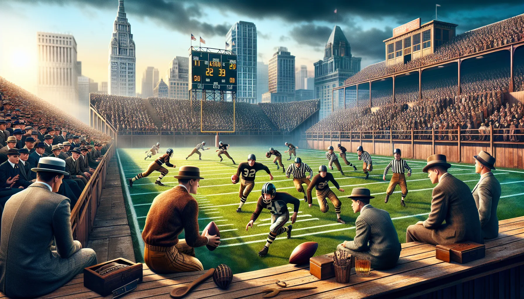 a vintage 1920s football game in a lively stadium.