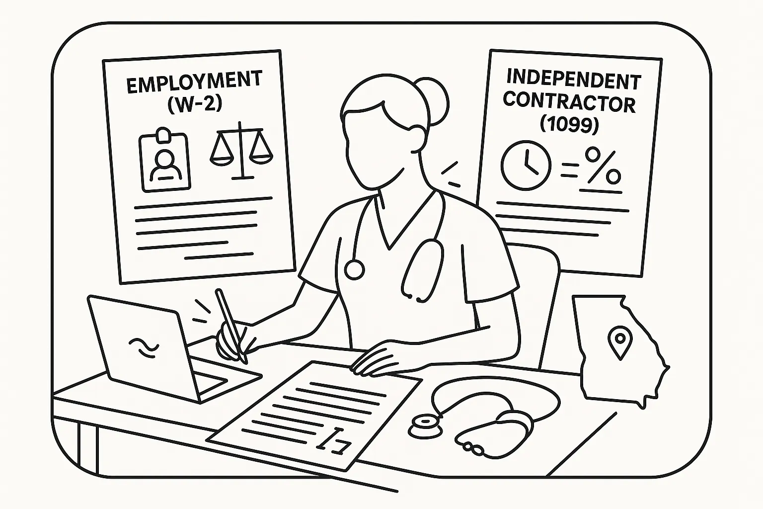 Nurse practitioner at desk comparing W‑2 and 1099 contracts with Georgia map of Georgia Nurse Practitioner Contract Review.