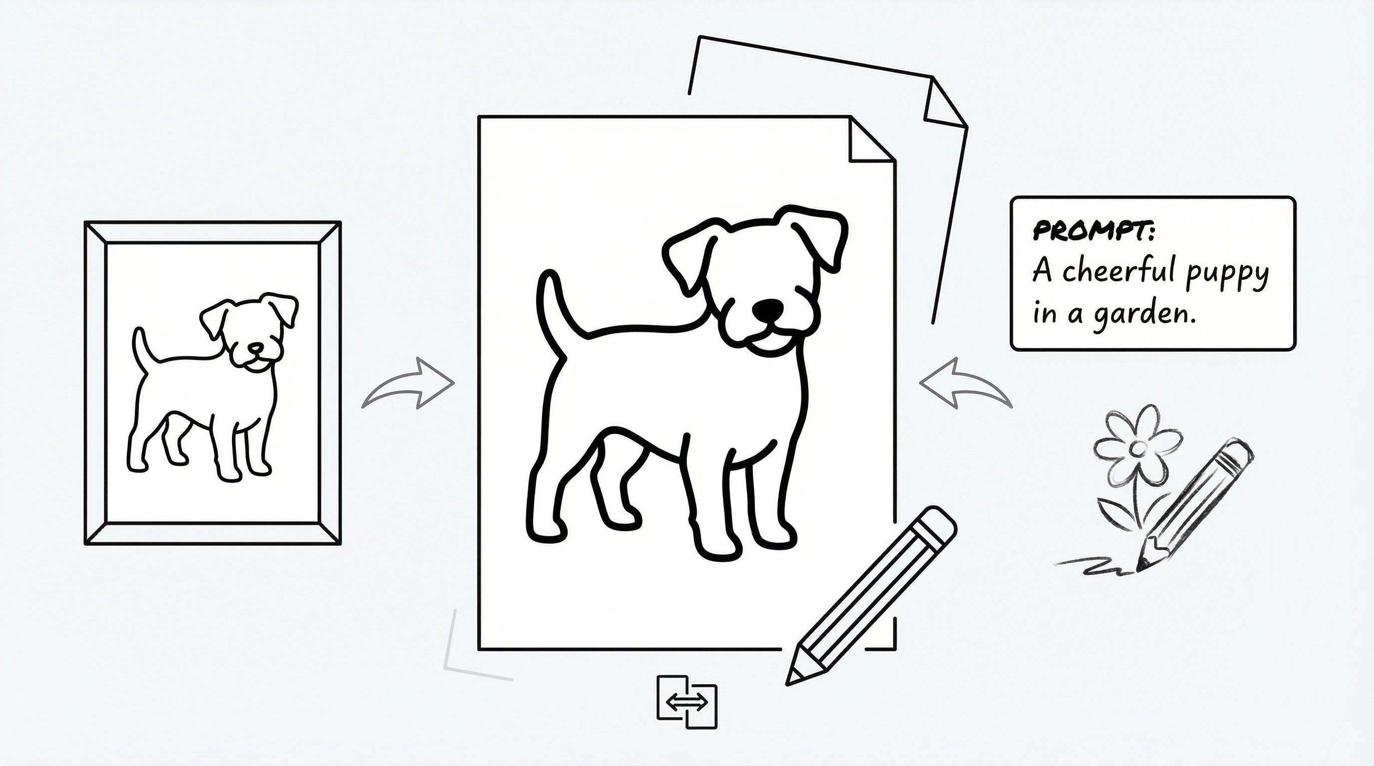 photo, prompt, and sketch turning into a printable coloring page