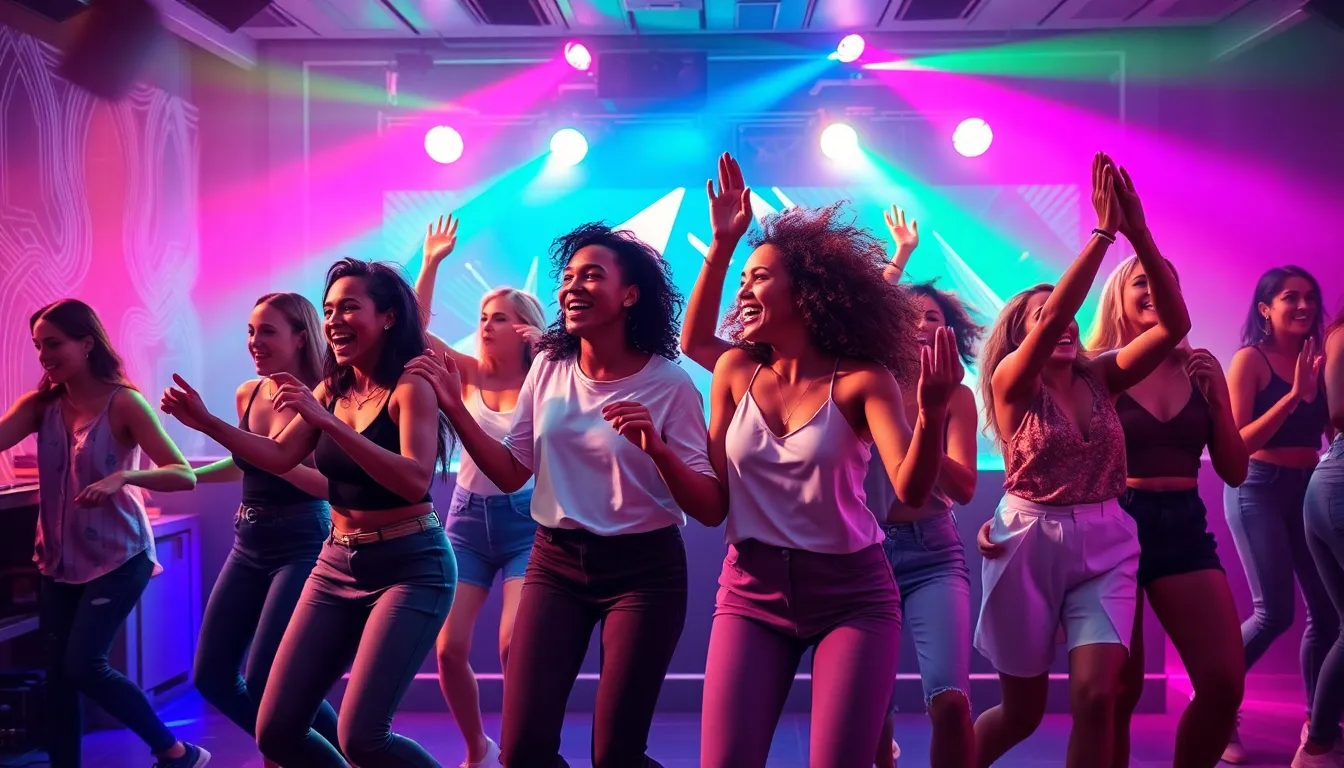 diverse group dancing in a lively nightclub.