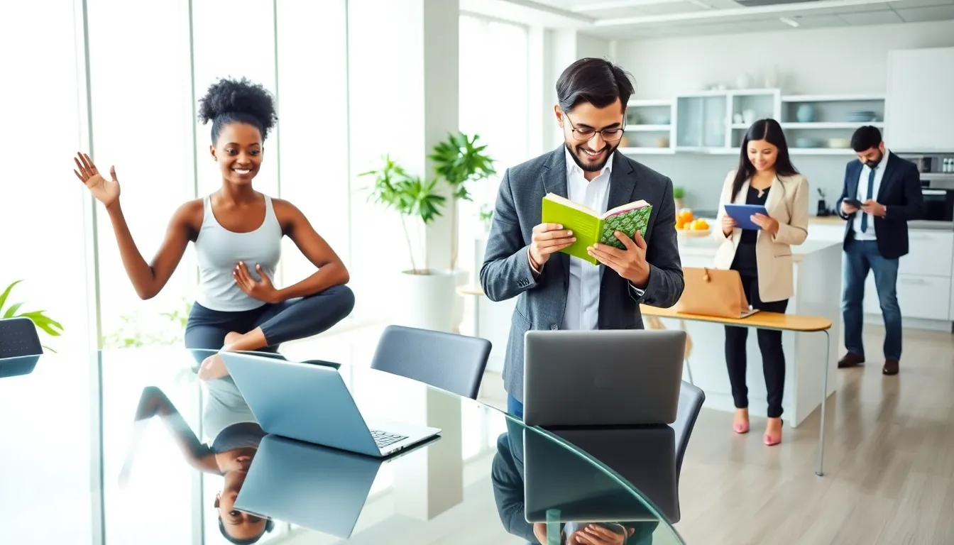 diverse professionals engaging in morning routines in a modern office.