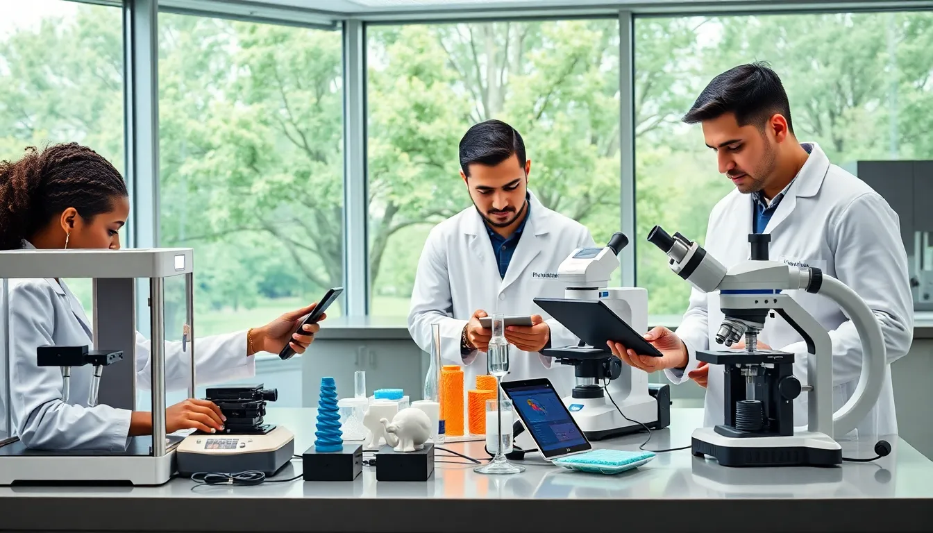 diverse scientists collaborating with modern science gadgets in a laboratory.
