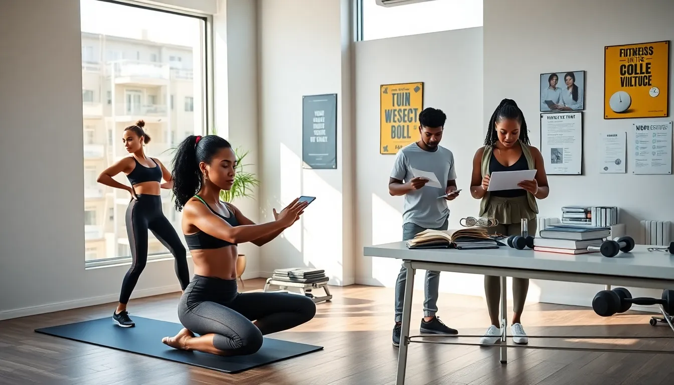 diverse fitness professionals collaborating in a modern workspace.
