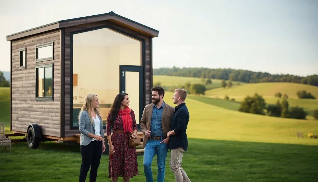 modern tiny home with a diverse group discussing sustainability outdoors.