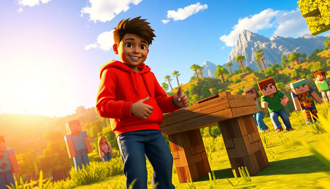 A young player crafting in a vibrant Minecraft landscape filled with new features.