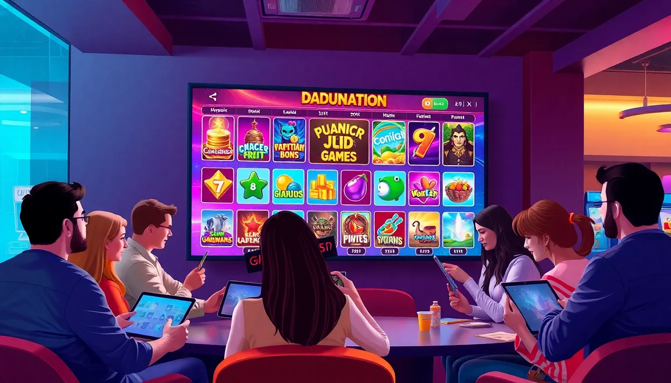 diverse players enjoying Dadunation Slot games in a modern gaming lounge.