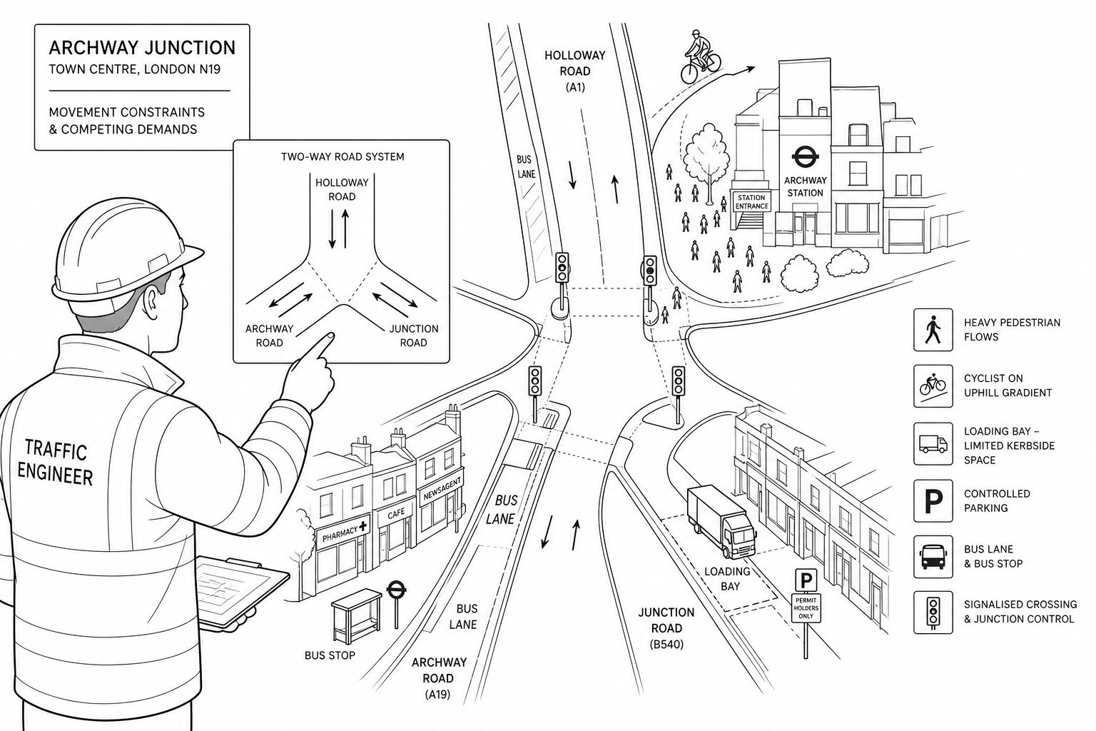 Traffic engineer reviewing a busy Archway junction with buses, crossings and cyclists.