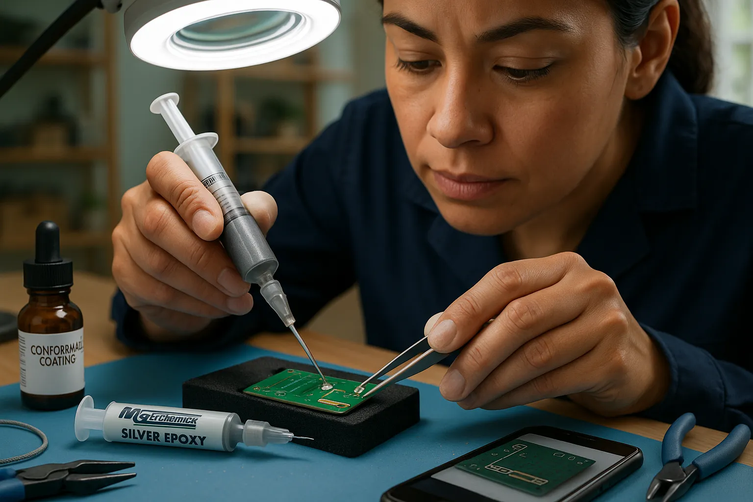 Technician applying silver conductive epoxy to a tiny smart-home PCB repair.